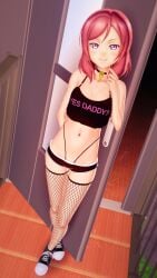 3d ambiguous_pov black_fishnet_stockings black_shorts black_thong black_topwear choker daddy_kink fishnet_stockings golden_penis hand_behind_back hand_on_chin high_leg_thong inviting kksallyear koikatsu looking_at_viewer loose_top love_live! love_live!_school_idol_project microshorts nishikino_maki pointing_at_self purple_eyes red_fingernails red_hair short_hair slight_smile smirking_at_viewer sneakers tagme