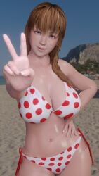 1girls 3d beach big_breasts bikini blue_eyes breasts brown_hair busty dead_or_alive dead_or_alive_xtreme_beach_volleyball dom3d female female_focus female_only hitomi_(doa) hourglass_figure human large_breasts light-skinned_female light_skin outdoors outside sand solo straight_hair swimsuit v v_sign water wide_hips