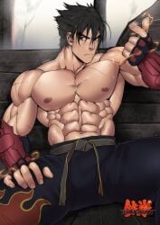 abs bara biceps big_bulge bulge clothing jin_kazama kazama_jin male male_nipples male_only muscular_male namco nipples pecs penis_outline suyohara sweat sweating tekken