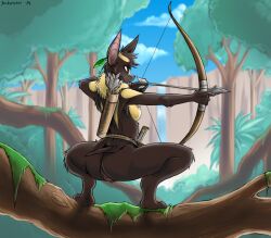 anathi_(leinglo) anthro anus arrow_(weapon) ass bat bat_tail belt black_body black_fur bow_(weapon) breasts brown_eyes crouching detailed_background digital_media_(artwork) female forest fur genitals hi_res holding_object holding_weapon jackunator jungle knife mammal markings neck_tuft nipples nude nude_anthro nude_female outside plant pussy quiver_(object) ranged_weapon rear_view short_tail solo tail tree tribal tuft weapon wingless_bat yellow_markings