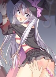 1other anal anal_beads anal_object_insertion arched_back arms_up ass ayachi_nene belt belt_bra black_cape black_skirt blurry blurry_background blush bound bound_wrists bow breasts cape commentary_request commission cowboy_shot drooling embarrassed empty_eyes eyes_visible_through_hair female from_side frown hair_between_eyes hair_ribbon hat hat_bow head_tilt indoors korokoro_cat large_breasts long_hair long_sleeves looking_at_viewer miniskirt motion_lines mouth_drool no_panties nose_blush object_insertion open_mouth pink_bow pixiv_commission pleated_skirt purple_eyes red_belt restrained ribbon sanoba_witch sex_toy sex_toy_pull sideboob skirt slap_mark solo_focus spanked standing straight_hair tears tongue tongue_out variant_set very_long_hair wavy_mouth white_hair wide-eyed wide_sleeves witch witch_hat yellow_ribbon