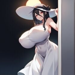 ai_generated black_hair covered_nipples ghost ghost_girl hasshaku-sama huge_breasts kao140522 licking_lips long_hair monster_girl nightmare_waifu red_eyes tall_female youkai