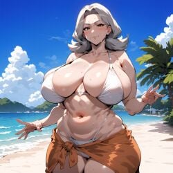 ai_generated alteryors beach bertha_(pokemon) bikini blush child_bearing_hips cowboy_shot game_freak gilf granny gray_hair grey_hair huge_breasts large_breasts mature mature_female midriff nintendo novelai older older_female pokemon sarong smile wide_hips wrinkles