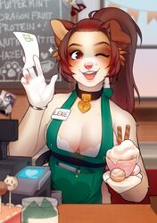 1girls adorable anthro apron barista bra brassiere choker cleavage clothed coffee cute dog_ears furry heart heart_pupils iced_latte_with_breast_milk lexie_(waitress) lock meme nametag pastry pink_nose ponytail sweet waitress_(artist)