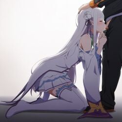 ai_generated aivime blowjob cumshot deep_blowjob deepthroat dressed elf elf_ears elf_female emilia_(re:zero) fellatio long_hair natsuki_subaru on_knees oral oral_sex re:zero_kara_hajimeru_isekai_seikatsu rough_oral sucking_penis swallowing swallowing_cum