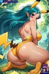 ai_generated ass ass_focus bare_shoulders blue_eyes blush_stickers cameltoe cosplay cosplay_pikachu_(costume) electric electric_shock electricity electricity_manipulation fake_animal_ears fake_tail from_behind leotard lum maia's_paradise nintendo pikachu pikachu_(cosplay) pointy_ears smile urusei_yatsura viewed_from_behind