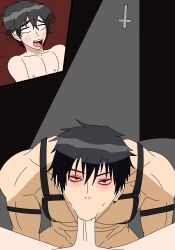 2boys blush cyles_cinning eyes_rolling_back face_closeup fangs fellatio gay gay_sex lair leather_straps mind_control original original_artwork original_character original_characters pecs red_eyes self_upload submissive_male sucking_penis text_bubble upside_down_cross vampire