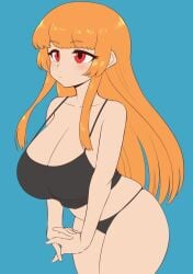 1girls blue_background breasts cleavage huge_breasts human kaori_(splatoon) light-skinned_female light_skin long_hair nintendo nobunagapero orange_hair red_eyes splatoon tagme tank_top thick_thighs wide_hips