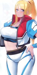 1girls adapted_costume bangs belly big_breasts blonde_hair blue_eyes bra breasts casual_clothes casual_clothing clavicle cleavage eyebrows_visible_through_hair female female_only female_protagonist frown groin hair_between_eyes hand_on_hip hips hizake jacket kashu_(hizake) large_breasts light-skinned_female light_skin long_hair looking_at_viewer medium_breasts metroid metroid_dread mole mole_under_mouth navel nintendo pants ponytail samus_aran sidelocks simple_background skindentation sleeveless sleeveless_jacket solo solo_female sports_bra thick thick_thighs thighs thin_waist tied_hair underwear vest white_background wide_hips workout_clothes yoga_pants zipper_pull_tab