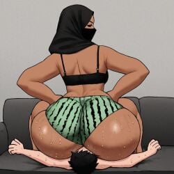 ai_generated ass_worship black_mask civitai dominant_female facesitting femdom gigantic_ass head_on_chair hijab hijabi hotpants huge_ass huge_butt human_chair mask mature_female milf sitting_on_chair smaller_male watermelon watermelon_shorts wide_hips younger_male