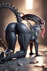 ai_generated alien alien_(franchise) all_fours ass breasts feet female female_only female_xenomorph grey_skin long_tongue looking_at_viewer looking_back no_penetration pussy solo tail xenomorph