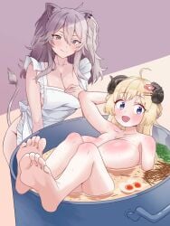 2girls apron_only barefoot bathing big_breasts completely_nude completely_nude_female feet female food hololive horns kemonomimi lion_girl multiple_girls naked naked_apron naked_female nude nude_female paingoro sheep_girl shishiro_botan soles soup sweat tagme tail toes tsunomaki_watame virtual_youtuber