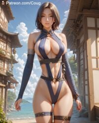 ai_generated assassin's_creed_(series) assassin's_creed_shadows big_breasts breasts brown_eyes brown_hair cleavage cougwe naoe_(assassin's_creed) short_hair stable_diffusion swimsuit taller_girl thick_thighs thighs