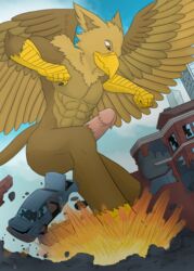 anthro avian big_(disambiguation) bird car city crush deanwolfwood destruction erection gigantic gryphon hi_res invalid_tag macro male male_only penis size_play solo titan town vehicle