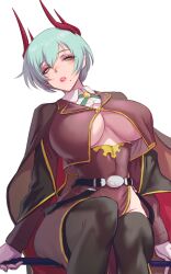 belt big_breasts blush bob_cut cloak e_i_s_h_u_n_(artist) green_eyes grey_hair horns inner_sideboob long_sleeves looking_at_viewer milf milkers oc original original_character slim_waist stockings thick thick_thighs underboob wide_hips