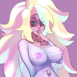 big_breasts black_eyes blonde_hair blue_eyes cartoon_network clothed gem_(species) gem_fusion mesh_shirt multicolored_hair rainbow_quartz_(steven_universe) seductive seductive_eyes seductive_look seductive_smile sheer_clothing smokyholes steven_universe tagme transparent_clothing