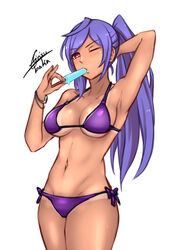 1girls absurdres airisubaka armpits bikini bikini_tan blush breasts clothed cowboy_shot female female_only food front_view hand_behind_head highres holding_food human iris_heart large_breasts long_ponytail looking_at_viewer neptunia_(series) one_eye_closed pink_eyes plutia ponytail popsicle purple_bikini side-tie_bikini signature simple_background solo suggestive suggestive_food tanlines tanned white_background wink