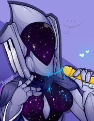 1boy 1girls artemis_(brawlhalla) brawlhalla breasts dark_nipples handjob heart helmet medium_breasts nipples orion_(brawlhalla) shado3 space_girl unusual_cum