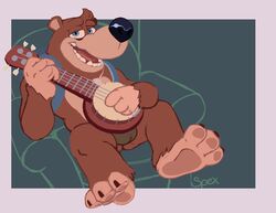 2019 3_fingers anthro backpack bag balls banjo banjo-kazooie banjo_(banjo-kazooie) banjo_(instrument) black_nose blue_eyes brown_body brown_fur claws convenient_censorship eyebrows fingers fur furniture furry head_tuft hi_res holding_object looking_at_viewer male male_only mammal musical_instrument necklace nude open_mouth pawpads plucked_string_instrument raised_eyebrows rareware signature simple_background sitting sofa solo spectral-bat string_instrument teeth tongue tooth_necklace tuft ursid video_games