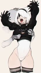 1boy 1girls bald beauty_mark breast_grab breasts faceless_male female female_focus gloves groping groping_breasts groping_from_behind kollerss large_breasts large_hips large_thighs maiz-ken mole mole_under_mouth molestation mouth_open nier:_automata short_hair simple_background thick_thighs thigh_gap thigh_highs thighhighs thighs tongue tongue_out white_background white_hair wide_hips yorha_2b