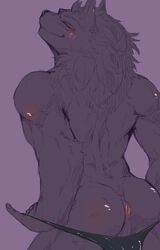 2017 anthro anus ass back_muscles bathym blush canid canine canis clothed clothing earlgrey0214 hi_res horn inviting kemono looking_at_viewer looking_back male male_only mammal mane muscular muscular_male panties panties_down panty_pull perineum portrait presenting presenting_hindquarters purple_background rear_view simple_background sketch smile solo speedo standing swimwear three-quarter_portrait tokyo_afterschool_summoners tongue topless underwear video_games wolf