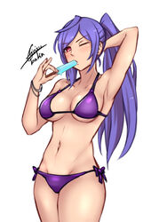 1girls absurdres airisubaka armpits bikini blush breasts clothed cowboy_shot female female_only food front_view hand_behind_head highres holding_food human iris_heart large_breasts long_ponytail looking_at_viewer neptunia_(series) one_eye_closed pink_eyes plutia ponytail popsicle purple_bikini side-tie_bikini signature simple_background solo suggestive suggestive_food white_background wink