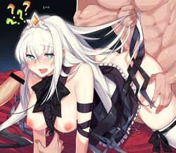 1girls 2boys absurdres all_fours areolae ass bangs bar_censor bare_shoulders bed_sheet between_breasts black_bow black_dress black_hair black_ribbon blue_eyes blush bow breasts censored center_frills cum doggy_style dress dress_lift dungeon_and_fighter dungeon_fighter_online eyebrows_visible_through_hair female frilled_dress frills gangbang group_sex hair_grab heart heart-shaped_pupils highres imminent_fellatio knight_(dungeon_and_fighter) large_breasts mendou_kusai mmf_threesome multicolored_hair multiple_boys nipples nose_blush open_mouth penis precum puffy_nipples rape ribbon sex solo_focus spitroast straight sweat symbol-shaped_pupils thigh_ribbon thighhighs threesome tiara tongue tongue_out two-tone_hair white_hair white_legwear