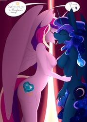 2020 absurd_res alicorn anthro breasts chapaevv digital_media_(artwork) equid equine female female/female friendship_is_magic genitals hair hi_res horn kissing mammal my_little_pony nude open_mouth patreon princess_cadance_(mlp) princess_luna_(mlp) pussy sex smile wings yuri