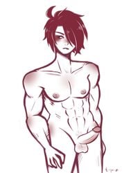 1boy abs balls blush epic_battle_fantasy hair_over_eye hair_over_one_eye hana-pong lance_(ebf) male male_only monochrome muscles muscular muscular_male nude pecs penis penis_out sketch solo