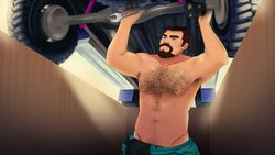 1boy armpit_hair beard blue_eyes chest_hair fap_ceo_menstream fixing hairy_chest mechanic nipple_piercing shirtless tagme teddy_(fap_ceo_menstream) wrench