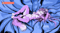 16:9 anthro anus biped breasts closed_eyes domestic_cat felid feline felis female kiaun lying mammal nipples nude on_back pussy signature simple_background smile solo text url