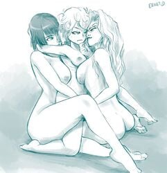 3girls angry blonde_hair blue_outline brown_hair curly_hair ernst_d female female_only fubuki_(one-punch_man) glasses hand_on_chin implied_fingering incest kneeling large_breasts long_hair looking_at_another looking_at_partner medium_breasts monochrome multiple_girls one-punch_man one_eye_closed psykos short_hair sisters sitting sitting_down sketch smug tatsumaki threesome yuri