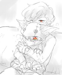 appmon_(species) blush bodily_fluids clothed clothing digimon digimon_universe:_appli_monsters digiphilia dragon duo hackmon_(appmon) htg92_(artist) human interspecies male male/male mammal penis red_eyes rei_katsura reptile scalie sweat