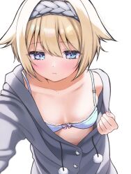 bangs blonde_hair blue_eyes blue_hairband bra breasts breasts_day female female frilled_bra frills hair_between_eyes hairband looking_at_viewer loungewear norato original pom_pom_(clothes) short_hair simple_background small_breasts solo underwear white_background white_bra