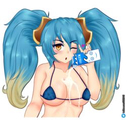 2020 aqua_hair blue_hair highres league_of_legends long_hair long_twintails micro_bikini milk pouring riot_games solo sona_buvelle spiritof2281 twintails