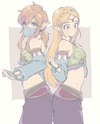 1boy 1girls back-to-back bangs bare_shoulders blonde_hair blue_eyes blush braid breasts breath_of_the_wild brown_hair canon_crossdressing cosplay cowboy_shot crossdressing demigoddess earrings face_mask female gerudo_link gerudo_link_(cosplay) gerudo_outfit gerudo_set gerudo_sirwal gerudo_top gerudo_veil hand_on_own_chest harem_outfit highres hylian jewelry link link_(breath_of_the_wild) long_hair looking_at_viewer male mask medium_breasts midriff nintendo parted_bangs pointy_ears princess_zelda sidelocks simple_background strapless swana_clothing t_tsan the_legend_of_zelda the_legend_of_zelda:_breath_of_the_wild tubetop zelda_(breath_of_the_wild)