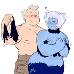 1boy 1girls andy_demayo assisted_exposure bedroom_eyes blue_eyes blue_hair blue_legwear blue_skin blush cartoon_network color female gem_(species) grey_hair hair_bun heart holly_blue_agate male nipples pale-skinned_female pale-skinned_male pale_skin pecs steven_universe straight torn_clothes voluptuous white_background zawa-ro