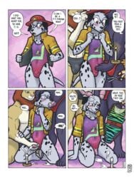 2019 anthro anthro_on_anthro armor black_spots blush bodily_fluids bulge candle canid canine canis clothing comic cum dalmatian domestic_dog english_text fellatio firefighter_helmet fondling fur genital_fluids hand_on_head headgear helmet hi_res humanoid_penis kneeling leotard lit_candle male male/male mammal mane megawolf77 molestation one-piece_swimsuit oral oral_penetration penetration penile penis penis_grab red_clothing scissors sex speedo spots swimwear text underwear