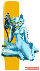 2019 anthro biped breasts derideal domestic_cat felid feline felis female gun hi_res holding_object kiaun kitty_(derideal) looking_at_viewer mammal nipples nude pussy ranged_weapon rifle signature simple_background sitting smile text url weapon