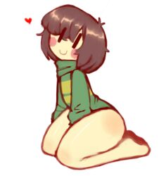 1boy 1girls 2d bare_legs bottomless chara cute female female_only femboy heart human human_female human_only no_pants put2littlemore smile solo solo_male sweater thick_thighs undertale undertale_(series)