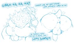 2020 absurd_res anus armband ass ass_focus backsack balls ballsack black_and_white bodily_fluids bowser butt_focus dialogue fangs genitals hands_on_knees hi_res horn koopa looking_at_viewer looking_back male male_only mario_(series) mature_male monochrome nintendo nude overweight overweight_male penis perineum presenting presenting_hindquarters rear_view redrusker scalie shell short_tail simple_background slightly_chubby smile solo spiked_armband spiked_shell spikes sweat teeth vein veiny_penis video_games white_background