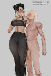 1boy absurdres alternate_costume arm_around_shoulder black_bra black_hair black_pants blush bra breasts chun-li clothed_female_nude_male double_bun faceless faceless_male female flaccid grey_eyes hair_ribbon height_difference highres large_breasts large_penis long_legs male midriff nipples nose_blush nude pale-skinned_female pale-skinned_male pale_skin pants penis penis_awe pokies ribbon sports_bra straight street_fighter street_fighter_v taller_girl taut_clothes thick_thighs thighs tight tight_pants toned tumtumisu uncensored underwear yellow_ribbon yoga_pants