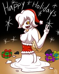 black_sclera breasts christmas christmas_outfit delirium_(the_binding_of_isaac) digital_media_(artwork) female female_only gift_box glowing_eyes goo goo_creature goo_girl happy_holidays hips medium_breasts peace_sign rule_63 santa_costume santa_hat short_hair single_female slime slime_girl the_binding_of_isaac unknownlewder v white_hair white_skin yellow_eyes