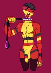 bald black_body black_collar black_penis black_skin choking collar countryhumans eyebrows germany germany_(countryhumans) gold_ring male_only multicolored_body multicolored_skin one_closed_eyes one_eye_closed one_eye_open pink_collar red_background red_body red_nipples red_penis red_skin red_stockings spiked_collar spikes stockings teeth thick_eyebrows tongue tongue_out wink winking yellow_body yellow_penis yellow_skin