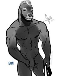 2020 abs anthro balls bgn biceps big_penis biped clothing ear_piercing ear_ring erection facial_hair fur genitals holding_penis humanoid_penis jockstrap looking_at_viewer male male_only mammal manly marine mendo_(bgn) muscular muscular_male nipples nude pecs penis piercing pinniped sea_lion simple_background smile solo standing underwear whiskers