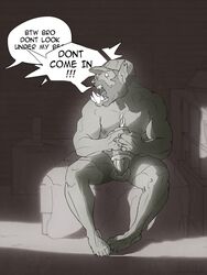 beard boar_red cap dialogue english_text fleshlight hat male male_only muscles orc orc_male penile_masturbation penis solo