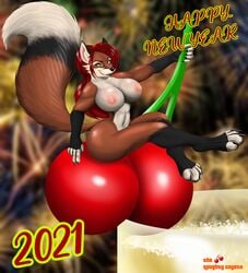 absurd_res anthro breasts canid canine cherry female fluffy fluffy_tail food fox fruit happy hi_res holidays mammal new_year nipples pinup_pose plant smartwhitefang solo werefoxie