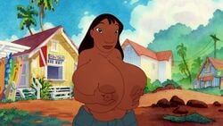 alternate_breast_size areolae between_fingers big_breasts bimbo black_hair breast_squish breasts brown_eyes building chubby cleavage clothing clouds dark-skinned_female dark_skin disney edit female holding_breasts human hyper_breasts jean_shorts lilo_and_stitch nani_pelekai navel nipples outside public_nudity screenshot screenshot_edit shorts sky t-shirt topless tree whale_tail wide_hips yetig