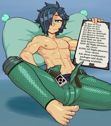 1boy 2019 abs barefoot battle_scars belt biceps blue_background blue_eyes blue_hair bulge chest_scar dark_blue_hair deltoids ear_piercing earrings elias_(tenk) erect_nipples facial_scar green_pants green_pillow hair_over_eye hair_over_one_eye holding_object knee_pads male male_only menu muscular_male pants pants_open pecs pillow pricelist prostitute prostitution scales scars shiny_hair short_hair smirk solo teal_hair thetenk toe_scrunch toes toned topless unzipped