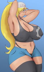 alternate_version_available armpits ass big_breasts blonde_hair cleavage hands_behind_head hat huge_breasts igdel massive_breasts original_character ponytail thick_thighs thighhighs thighs